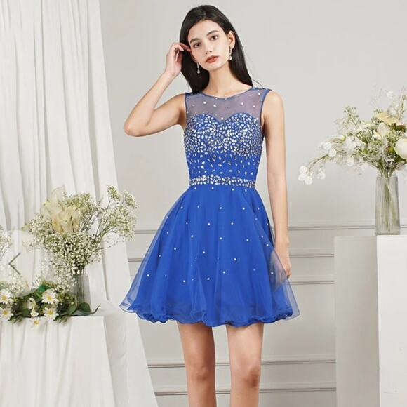 NWT Royal Blue Short Homecoming Dress Mini beaded chiffon Size L/XL - Picture 1 of 16